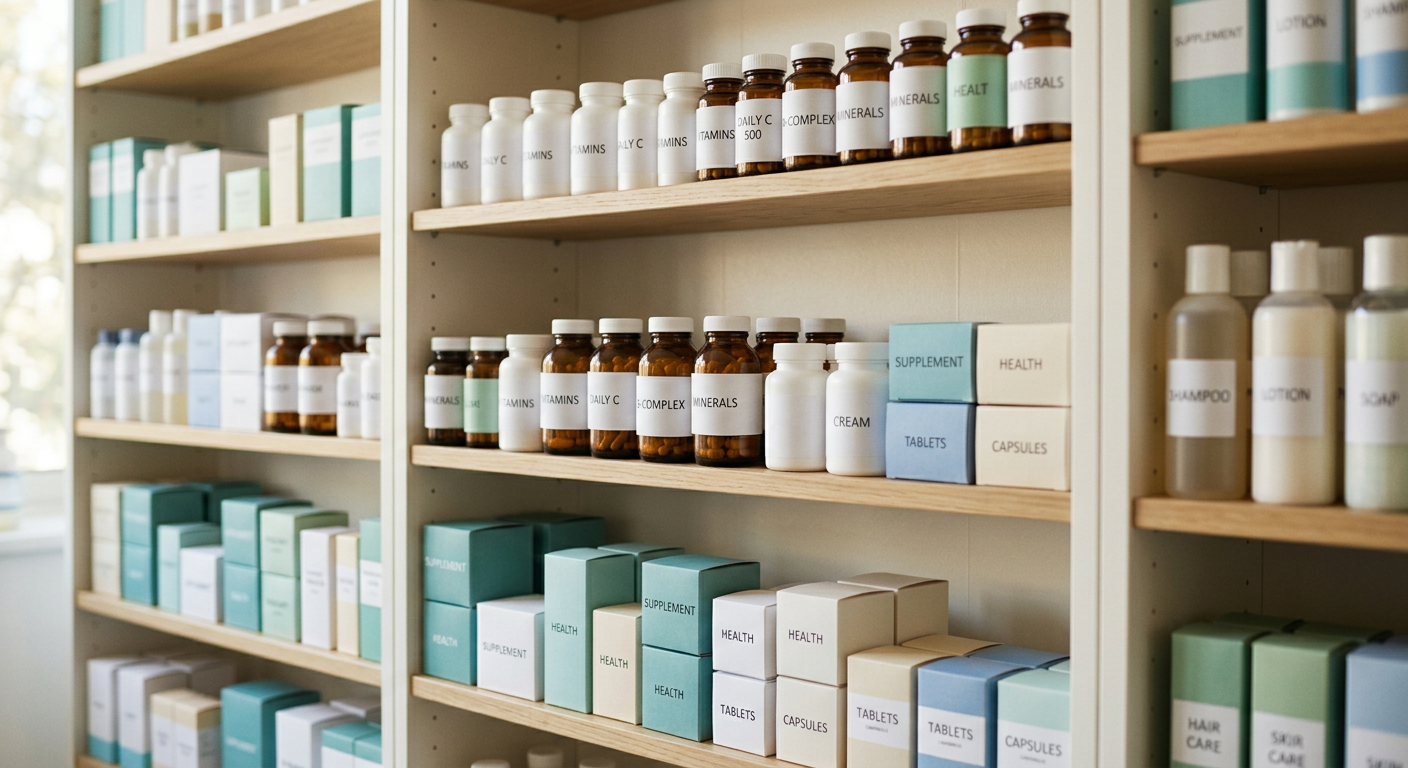 Neatly stocked pharmacy shelves with vitamins and personal care products