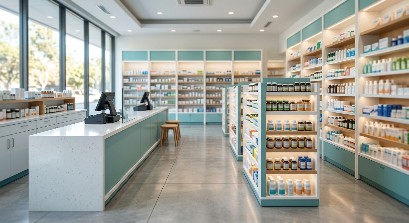 Bright, tidy pharmacy interior with shelves of health products and a front counter